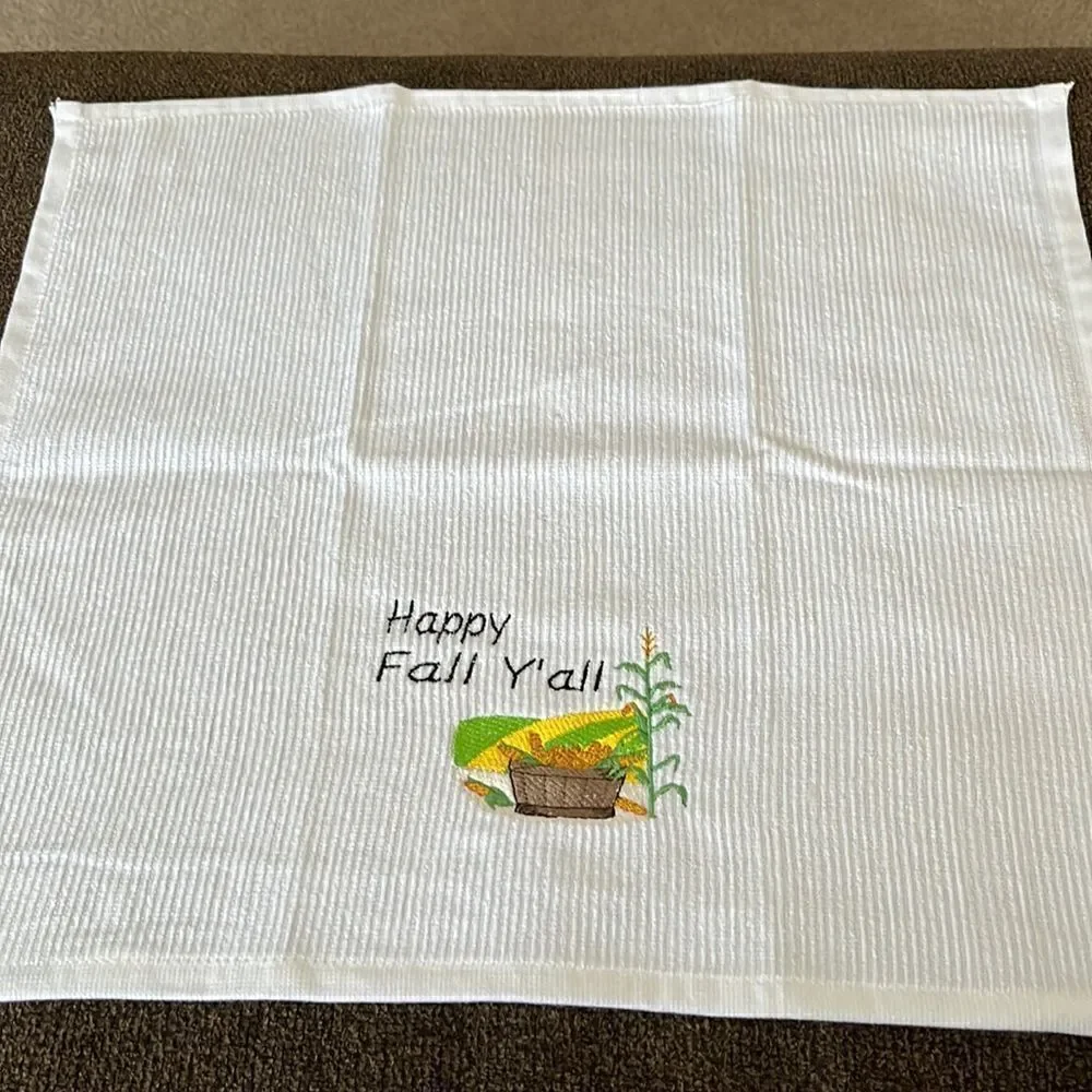 Happy Fall Ya’ll Custom Embroidered White Cotton Barmop Towel